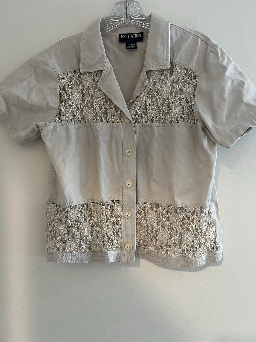 Vintage Short Sleeve Button Down w Lace Cutouts Cotton Blend Tan Size Small JL